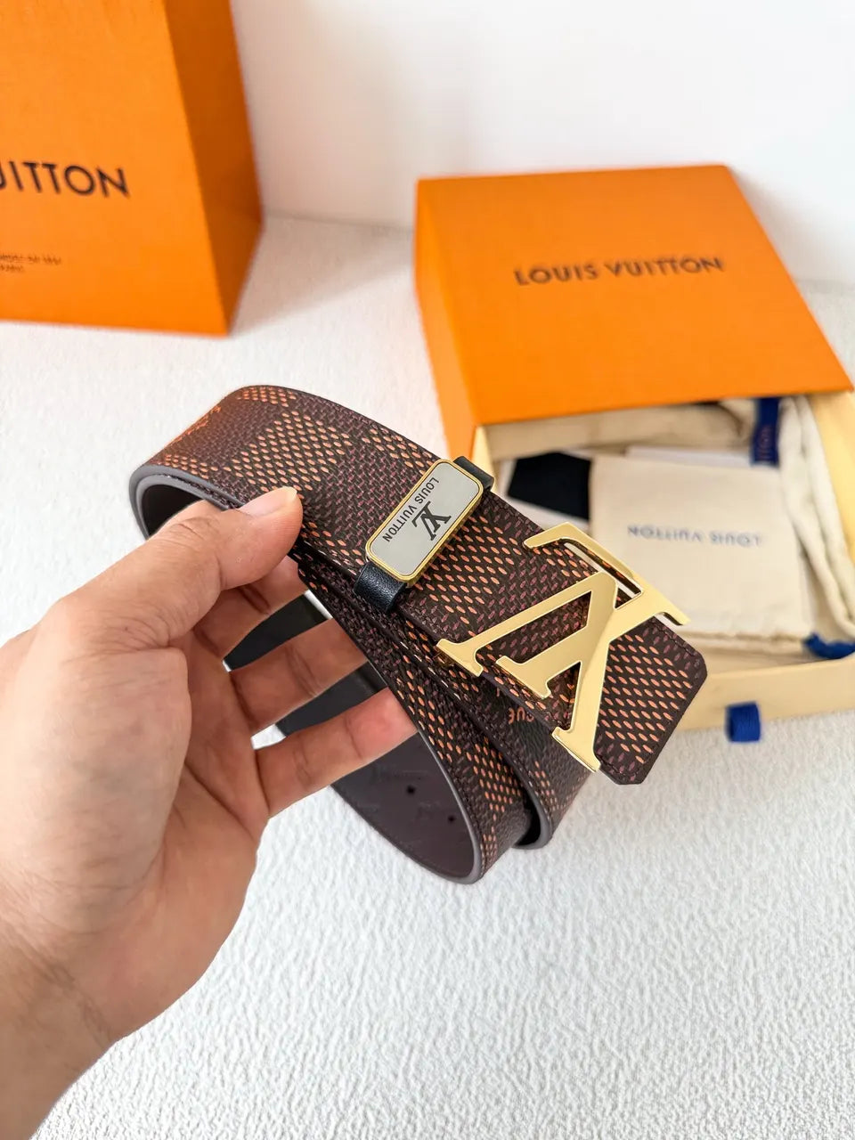 Louis Vuitton Damier Ebene Belt gold lv - Hình 2