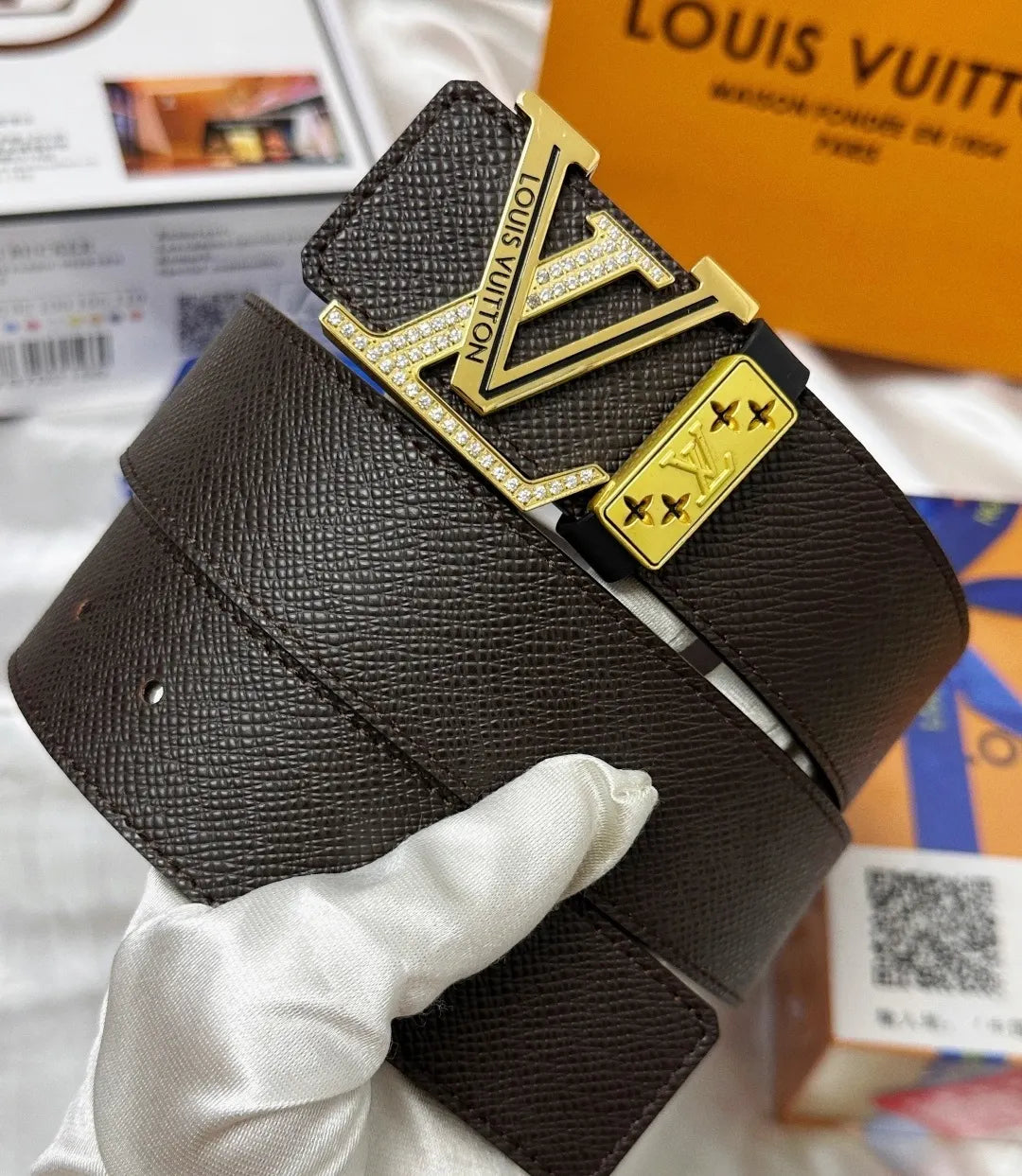 crystal Louis Vuitton Brown Leather Belt - Hình 2