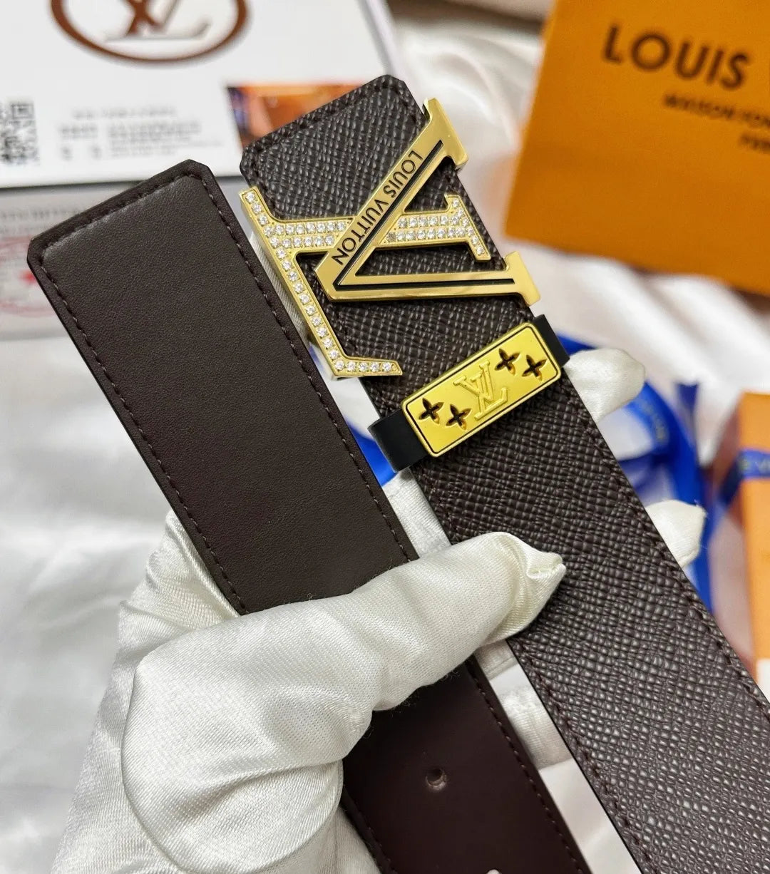 crystal Louis Vuitton Brown Leather Belt - Hình 6