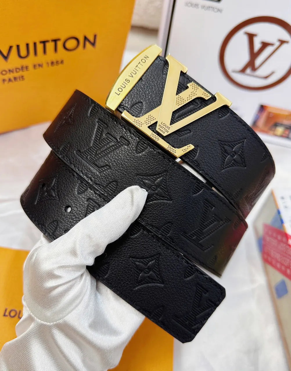 black Louis Vuitton Embossed Monogram Belt - Hình 2