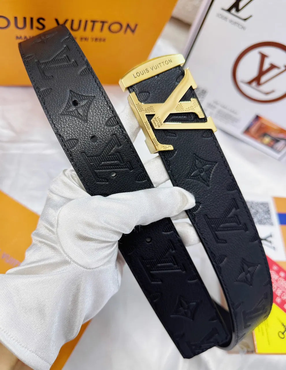 black Louis Vuitton Embossed Monogram Belt - Hình 5