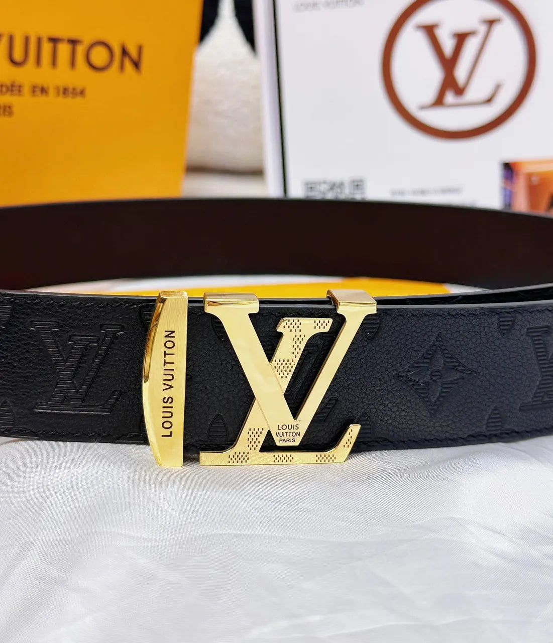 black Louis Vuitton Embossed Monogram Belt - Hình 7