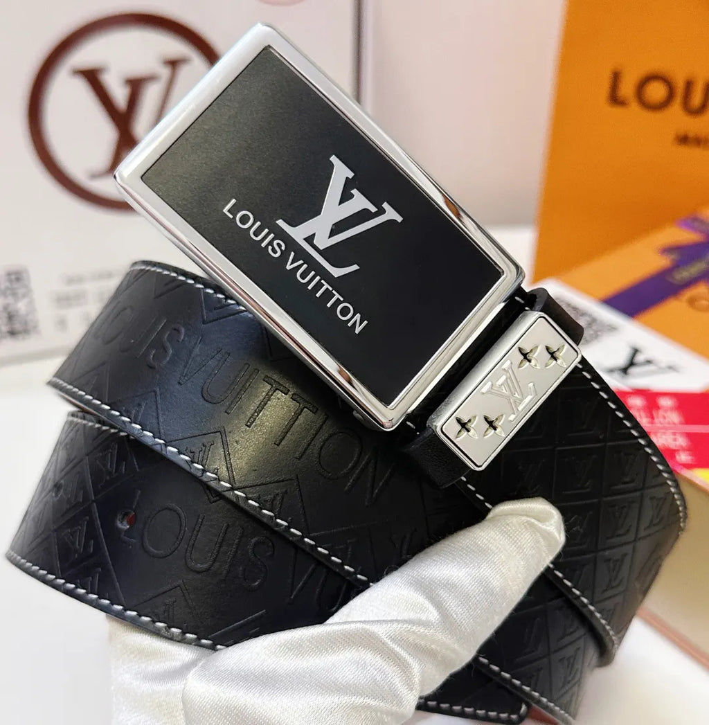 silver buckle Louis Vuitton Black Embossed Leather Belt - Hình 2