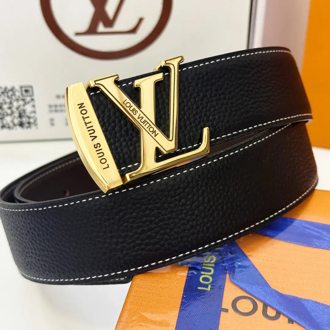 LV Black Leather Belt Gold Buckle