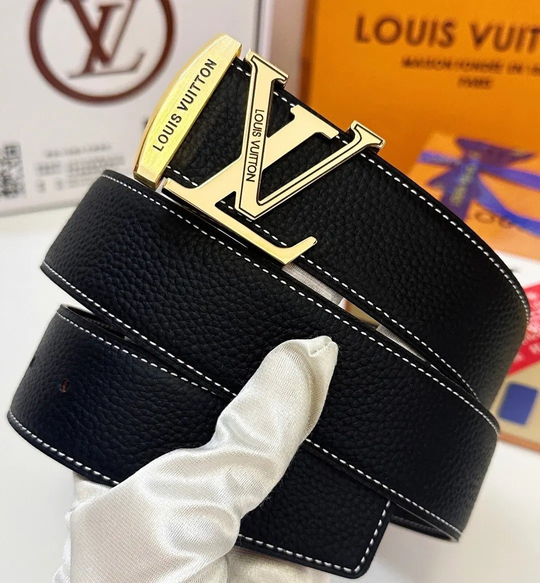 LV Black Leather Belt Gold Buckle - Hình 2