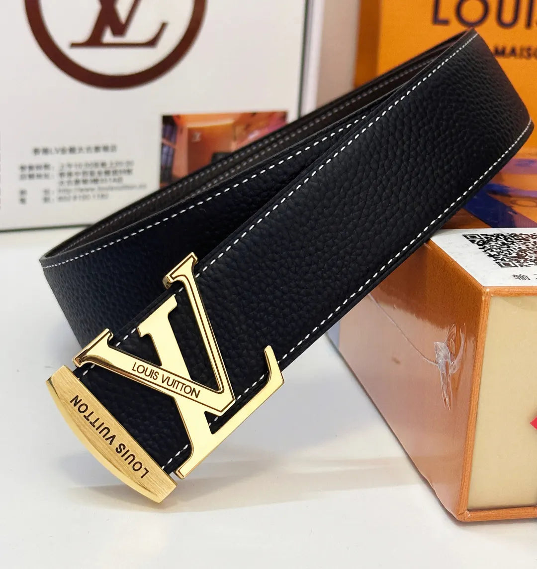 LV Black Leather Belt Gold Buckle - Hình 4