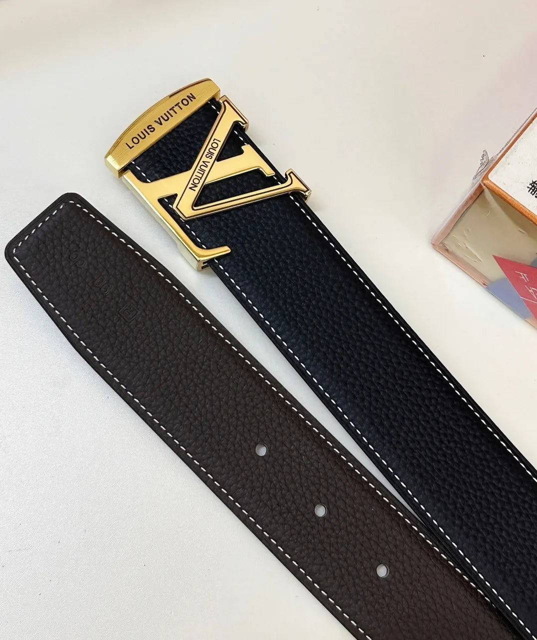 LV Black Leather Belt Gold Buckle - Hình 6