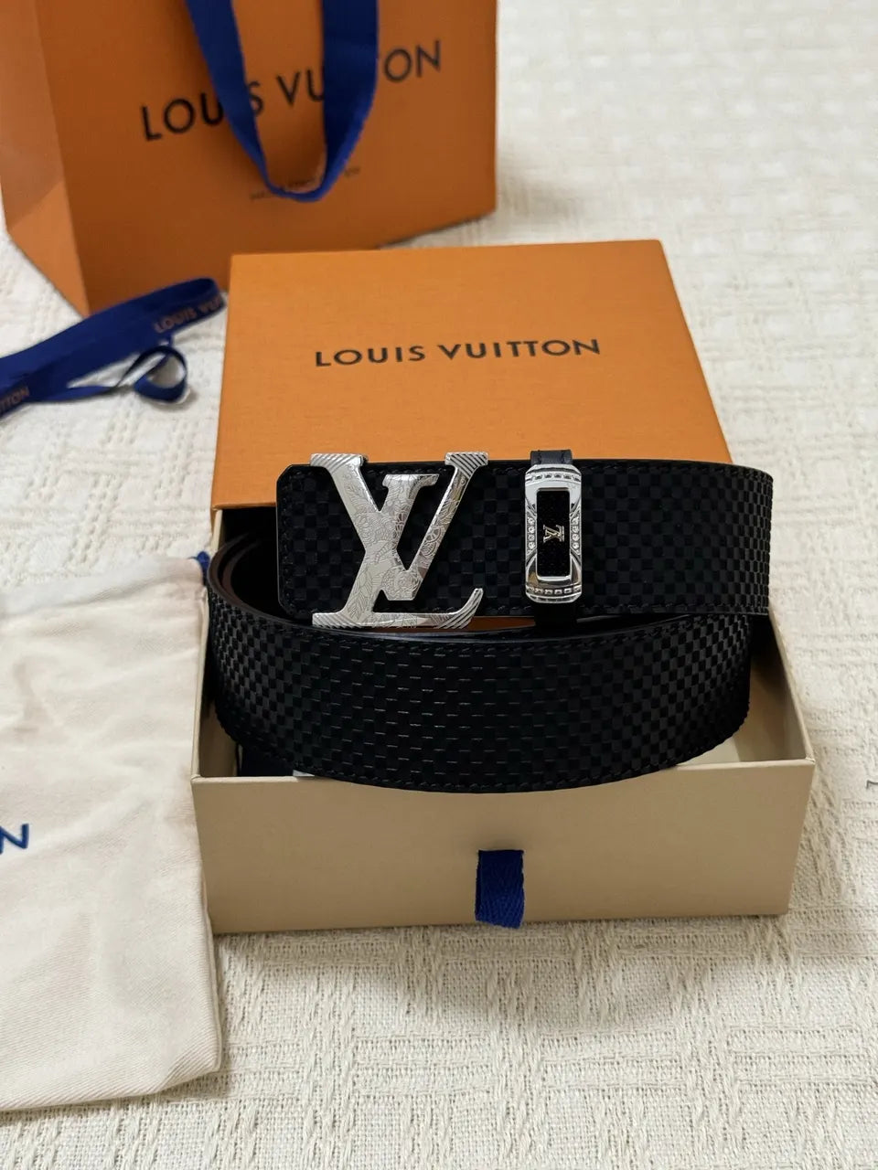 silver Louis Vuitton Black Damier Belt