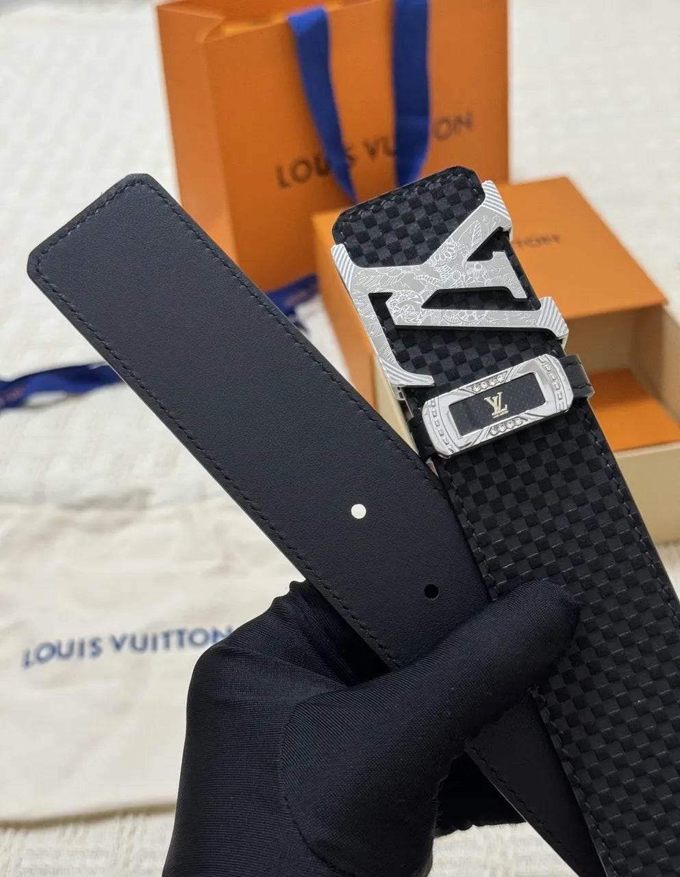 silver Louis Vuitton Black Damier Belt - Hình 4