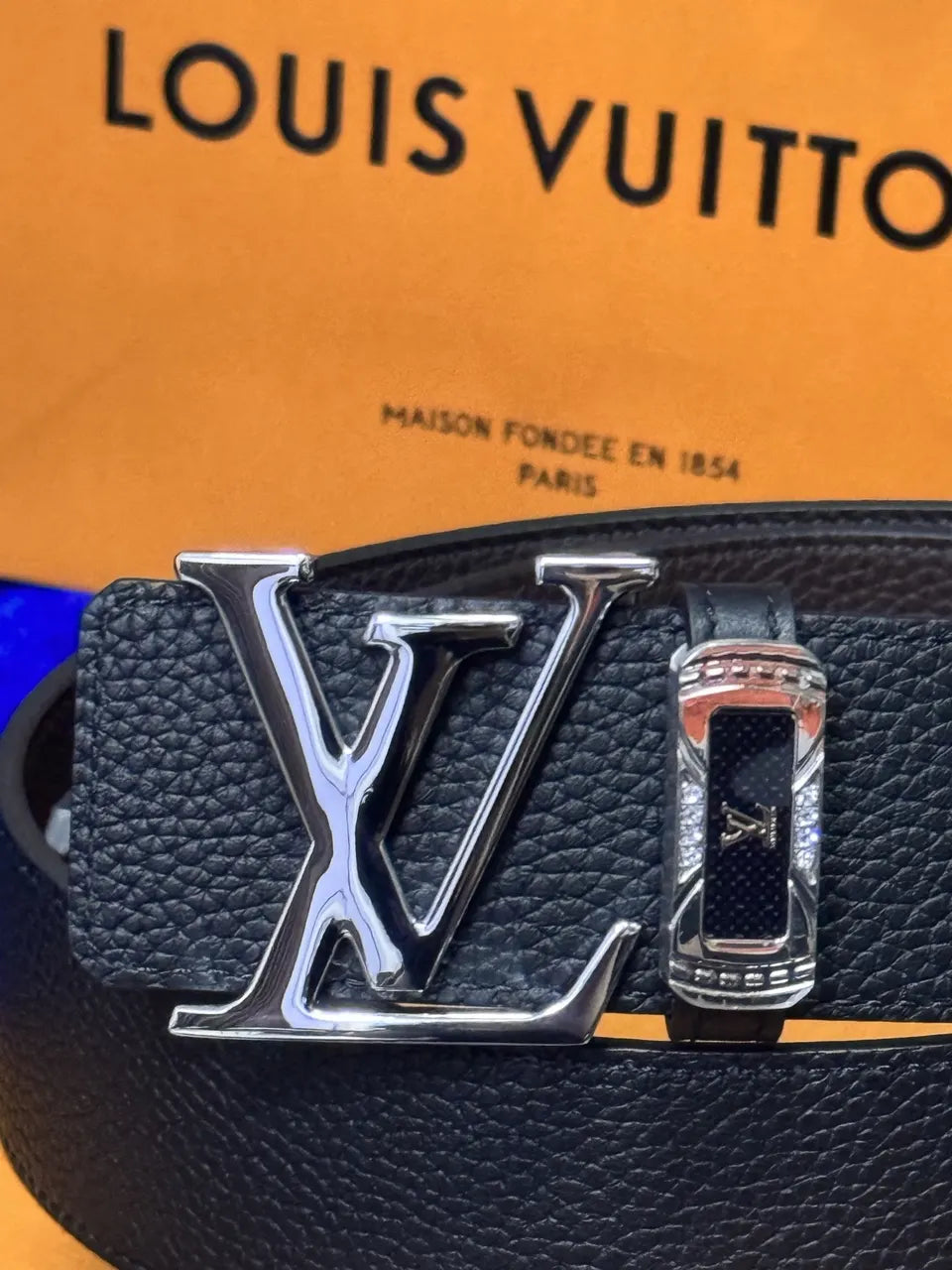 silver Louis Vuitton Black Taurillon Leather Belt - Hình 2