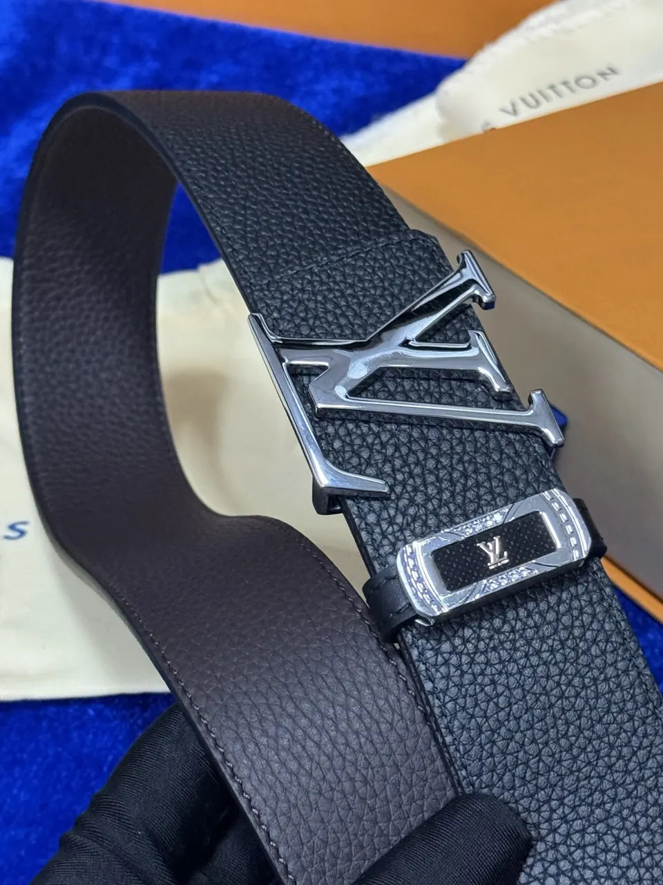 silver Louis Vuitton Black Taurillon Leather Belt - Hình 3