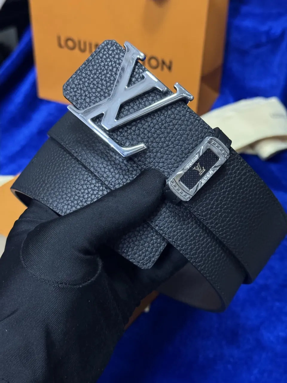 silver Louis Vuitton Black Taurillon Leather Belt - Hình 5