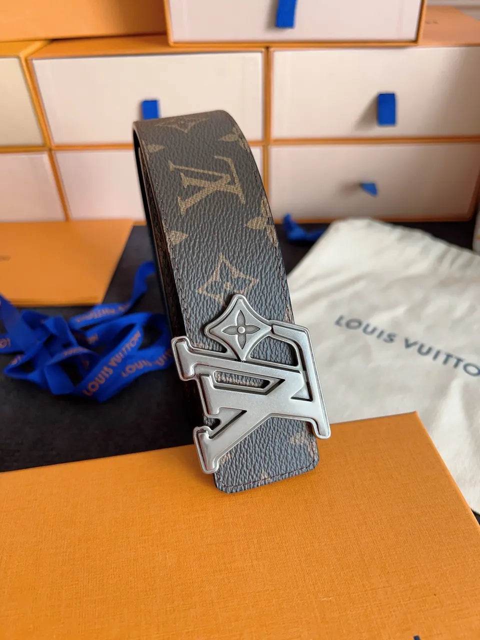 silver Louis Vuitton Monogram Brown Belt