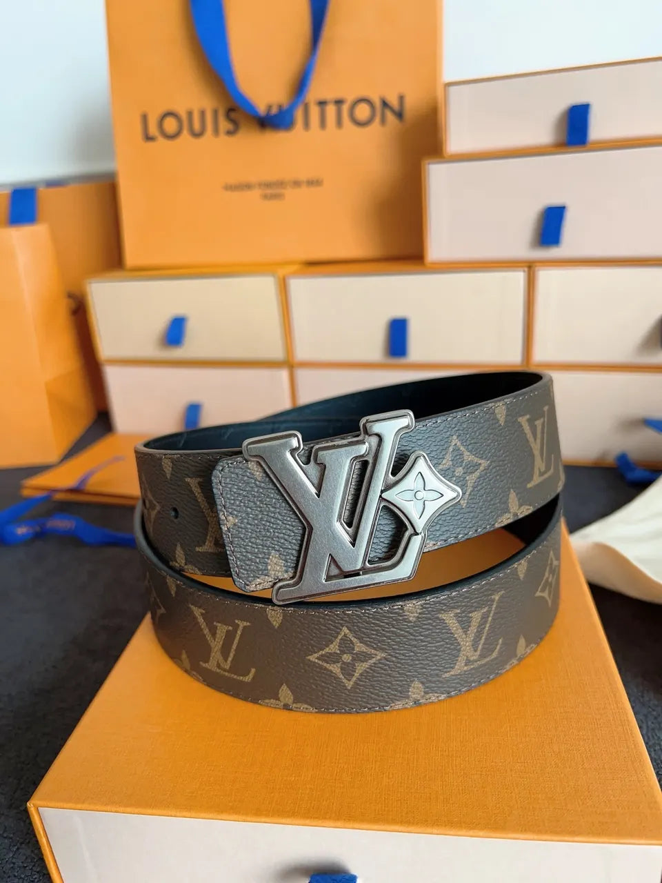 silver Louis Vuitton Monogram Brown Belt - Hình 3