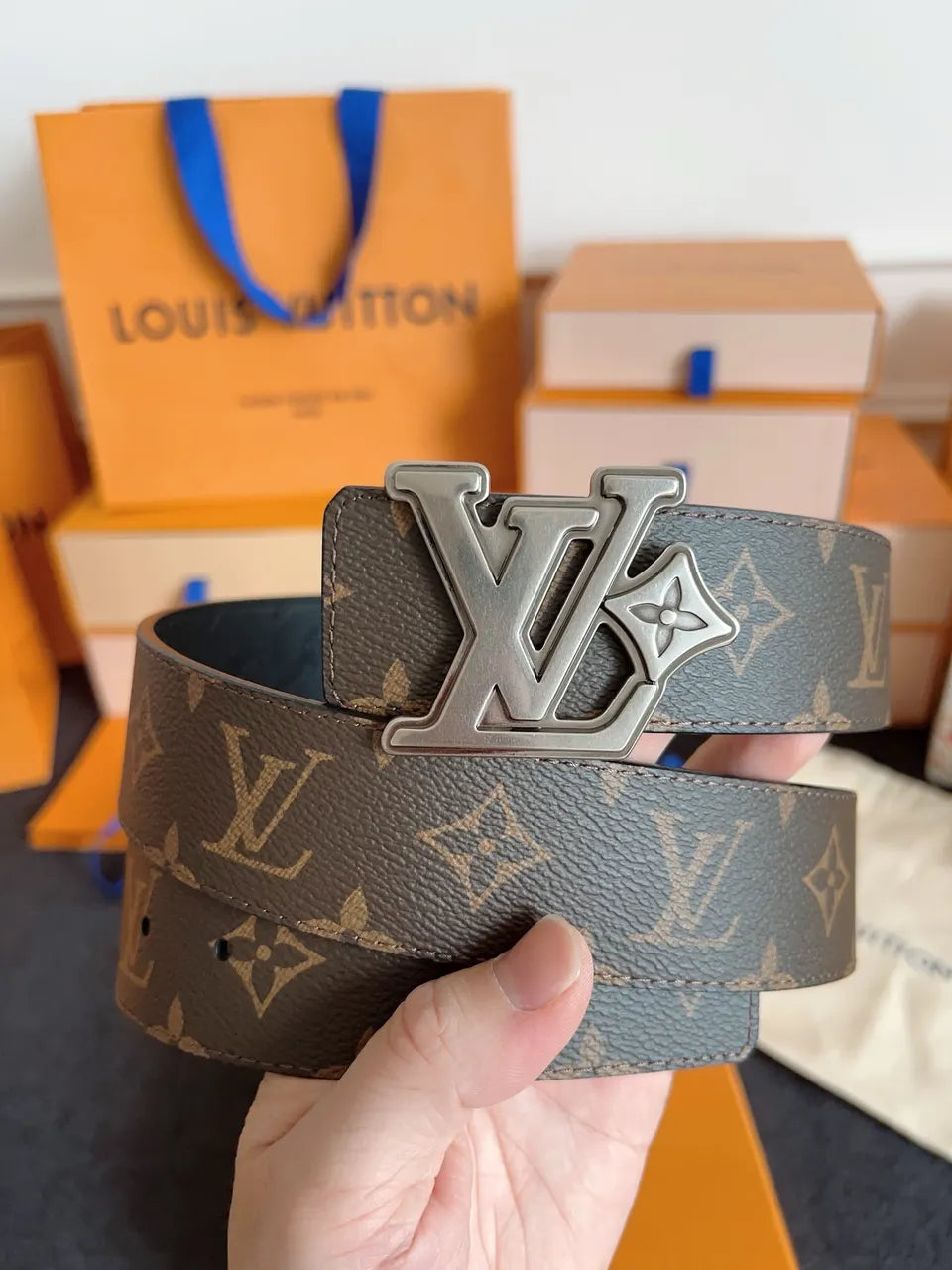 silver Louis Vuitton Monogram Brown Belt - Hình 4