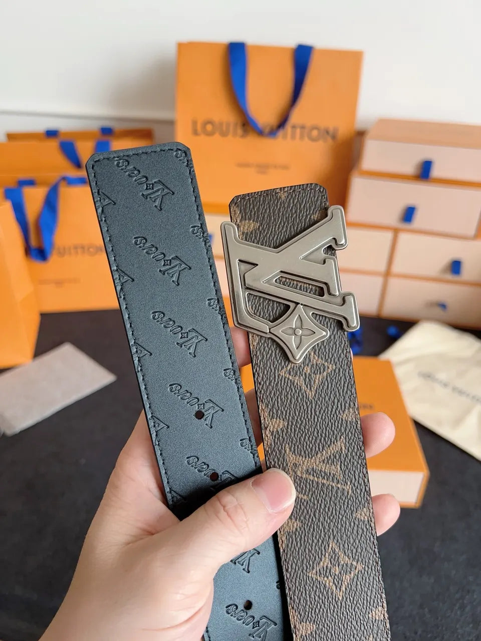 silver Louis Vuitton Monogram Brown Belt - Hình 7
