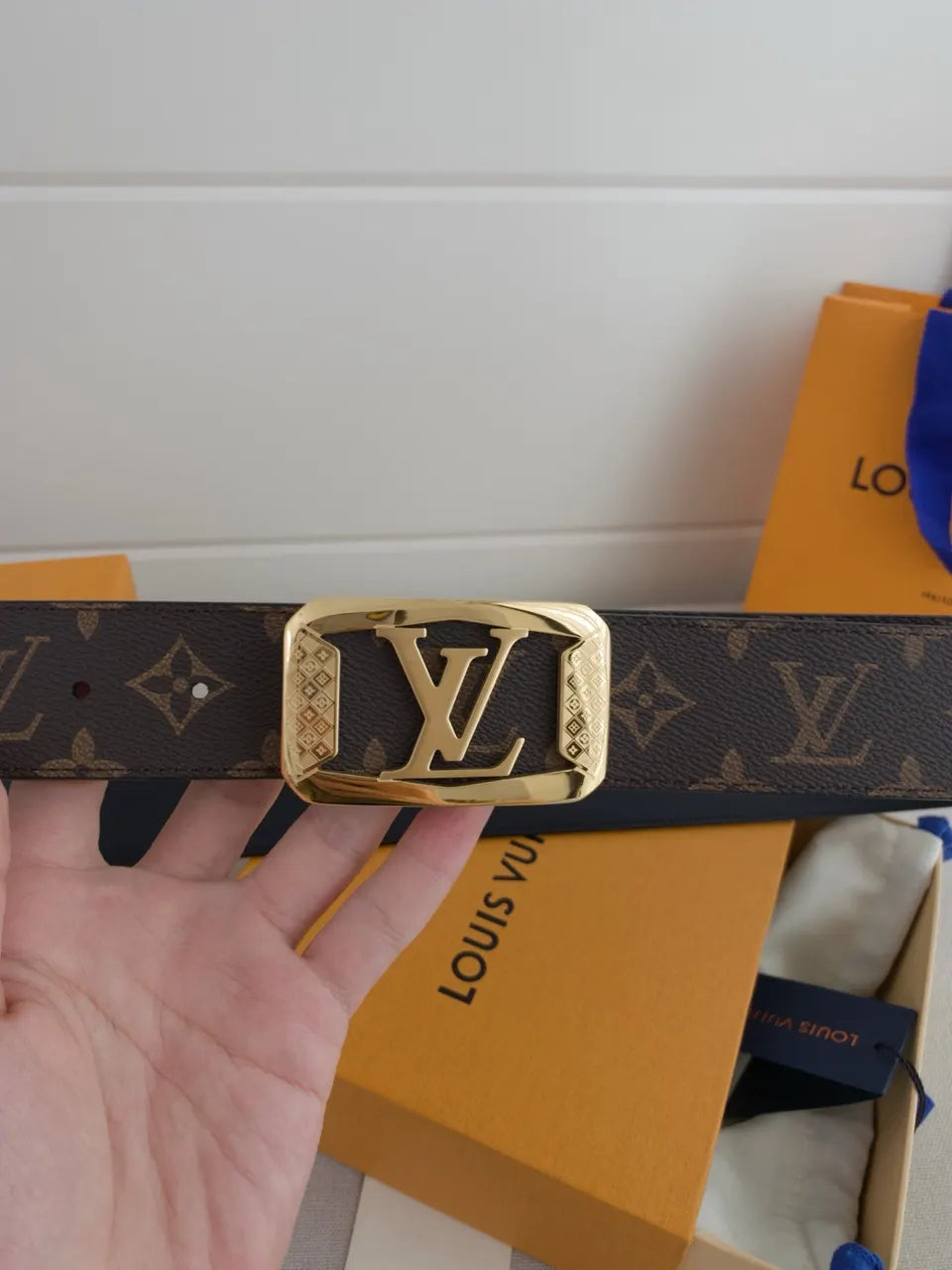 gold lv Louis Vuitton Monogram Brown Belt - Hình 4