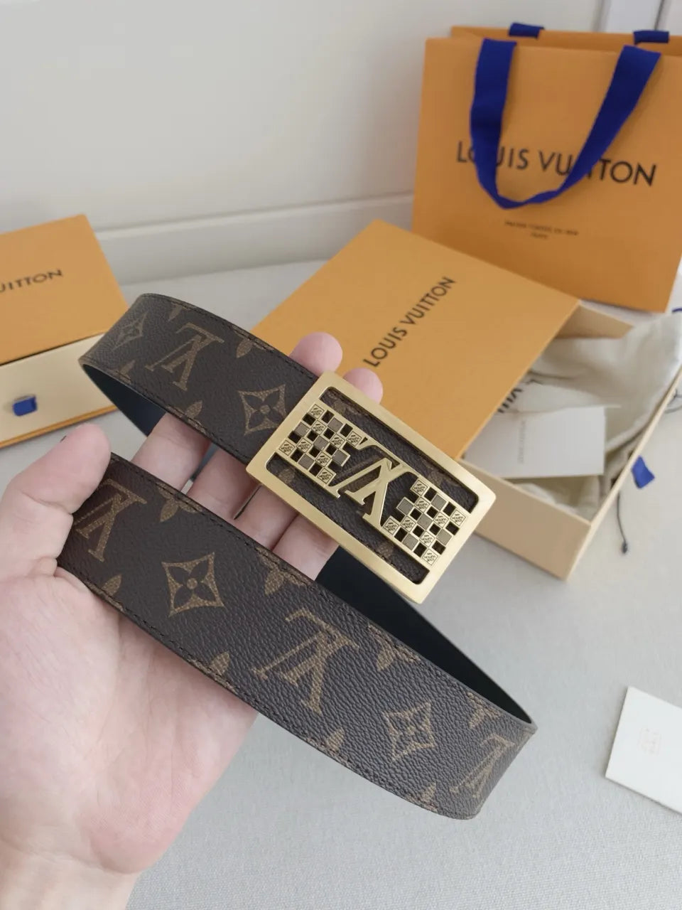 gold buckle Louis Vuitton Monogram Brown Belt - Hình 5