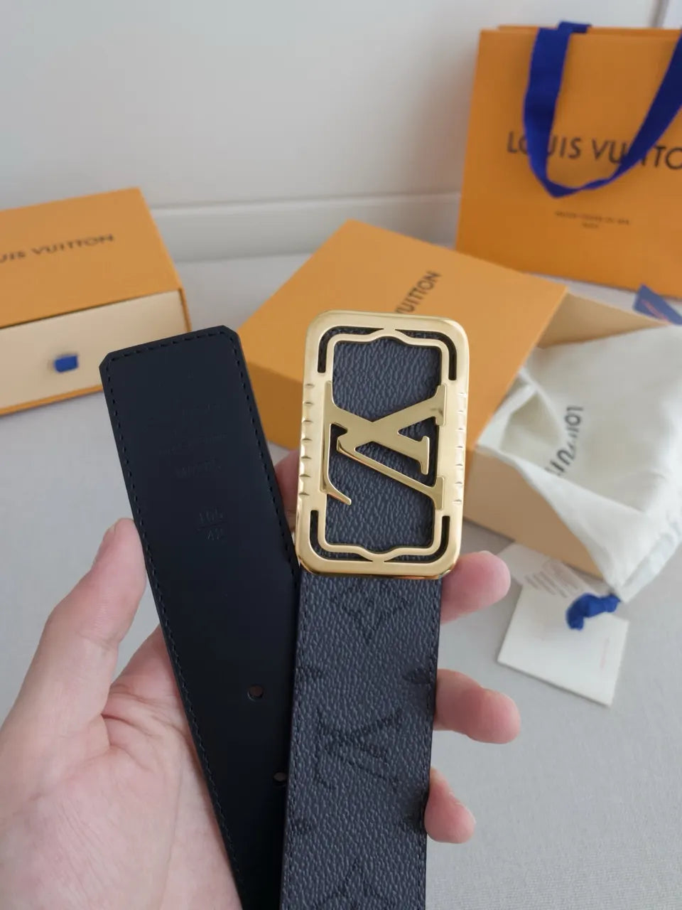 Louis Vuitton Navy Leather Belt gold - Hình 2