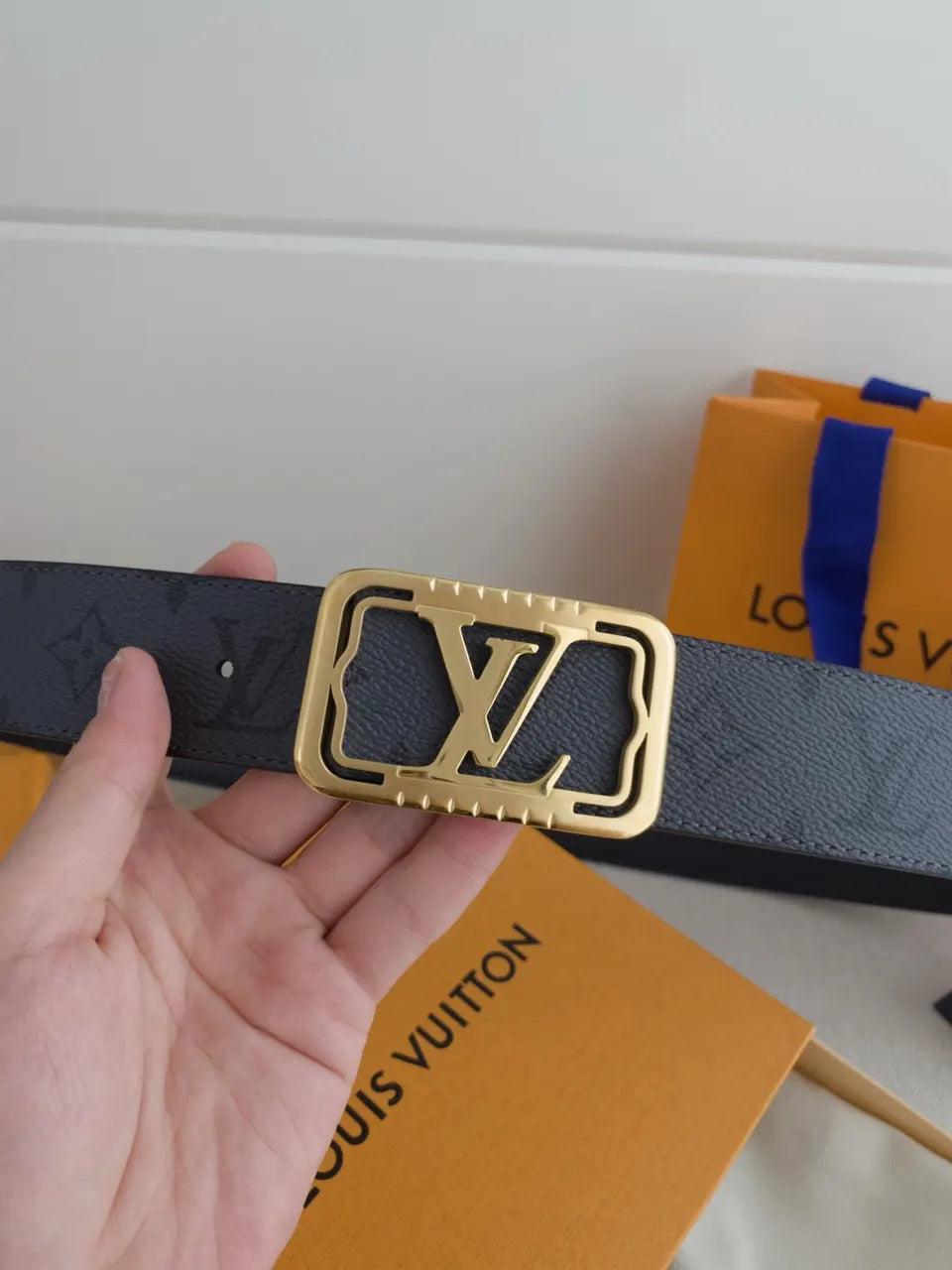 Louis Vuitton Navy Leather Belt gold - Hình 6
