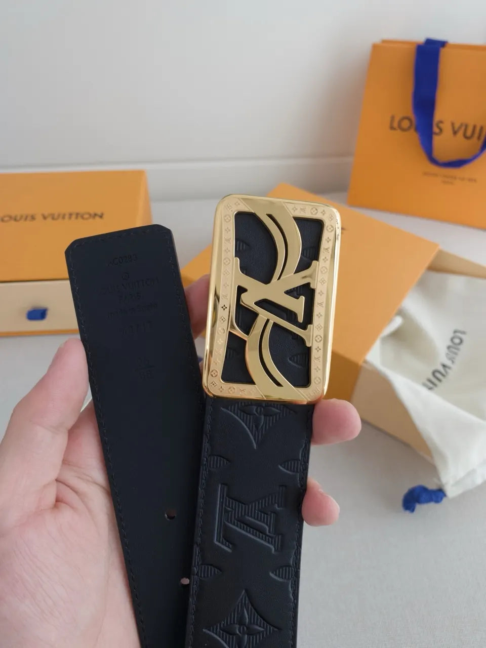 gold Louis Vuitton Black Embossed Belt - Hình 2