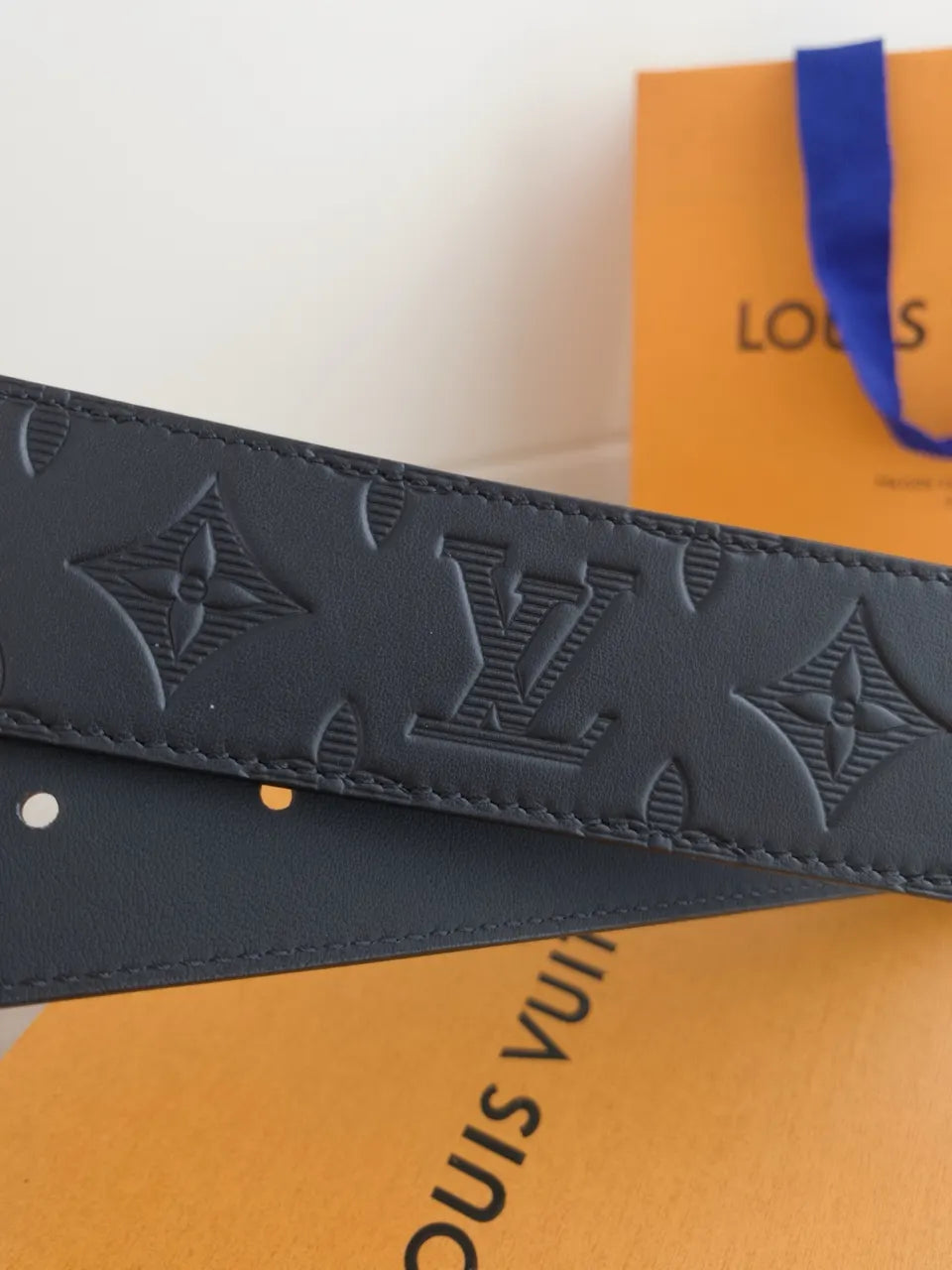gold Louis Vuitton Black Embossed Belt - Hình 3