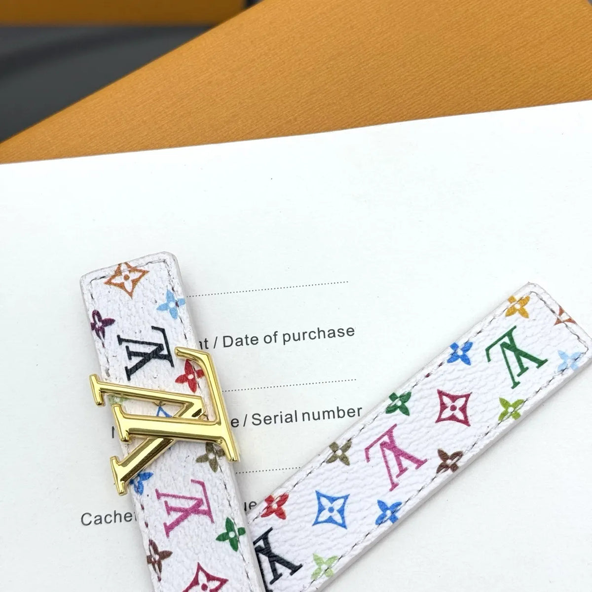 gold Louis Vuitton White Multicolor Monogram Belt - Hình 3