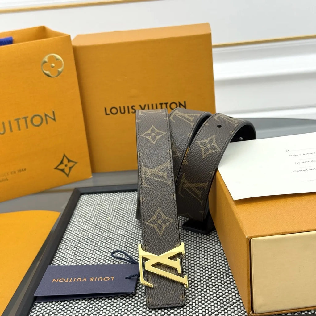 gold buckle Louis Vuitton Monogram Brown Belt - Hình 2