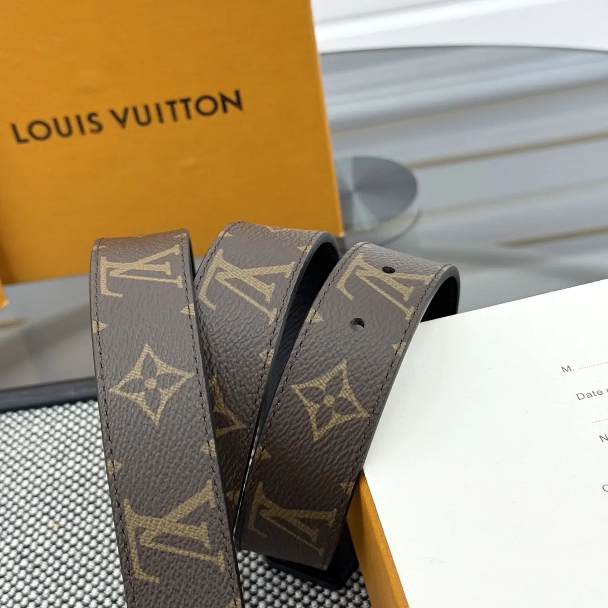 gold buckle Louis Vuitton Monogram Brown Belt - Hình 3