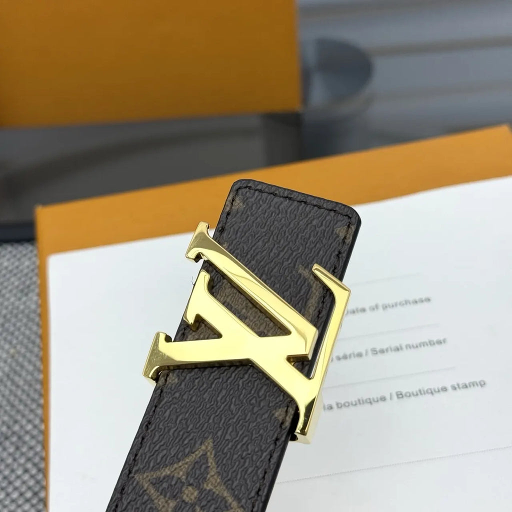 gold buckle Louis Vuitton Monogram Brown Belt - Hình 7