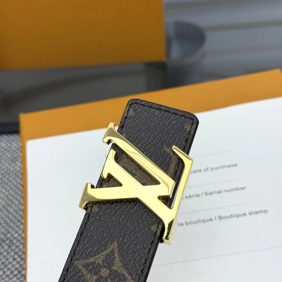 gold buckle Louis Vuitton Monogram Brown Belt - Hình 7