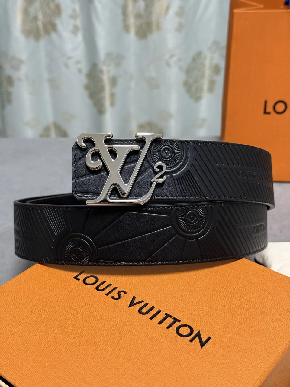 louis LV Black Embossed Leather Belt