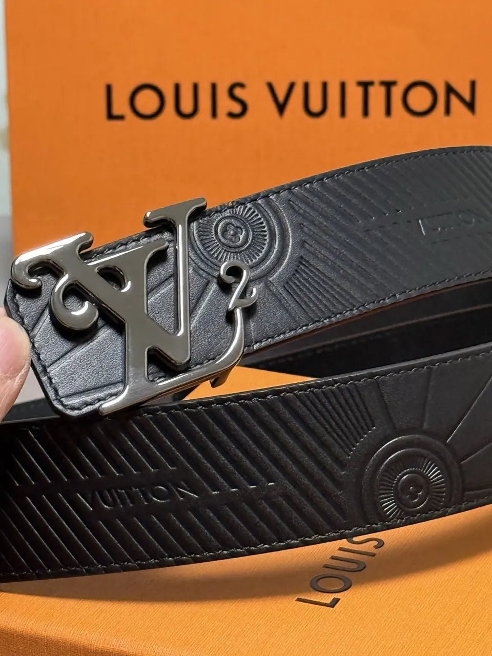 black silver Louis Vuitton Embossed Leather Belt