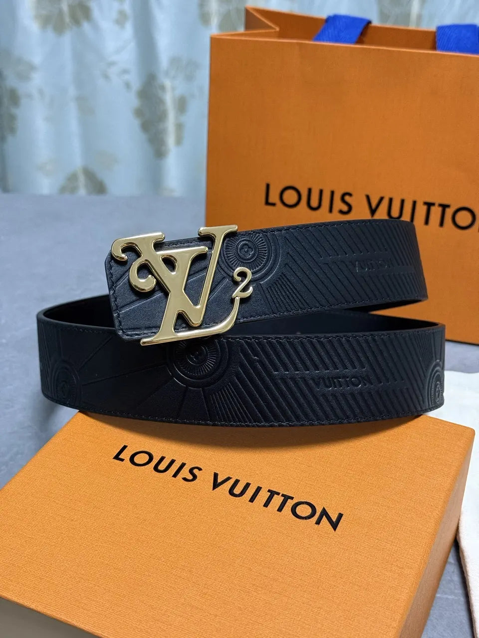 Louis Vuitton Black Embossed Leather Belt gold buckle
