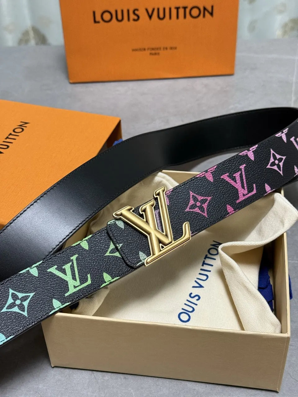 gold LV Multicolor Monogram Belt - Hình 3