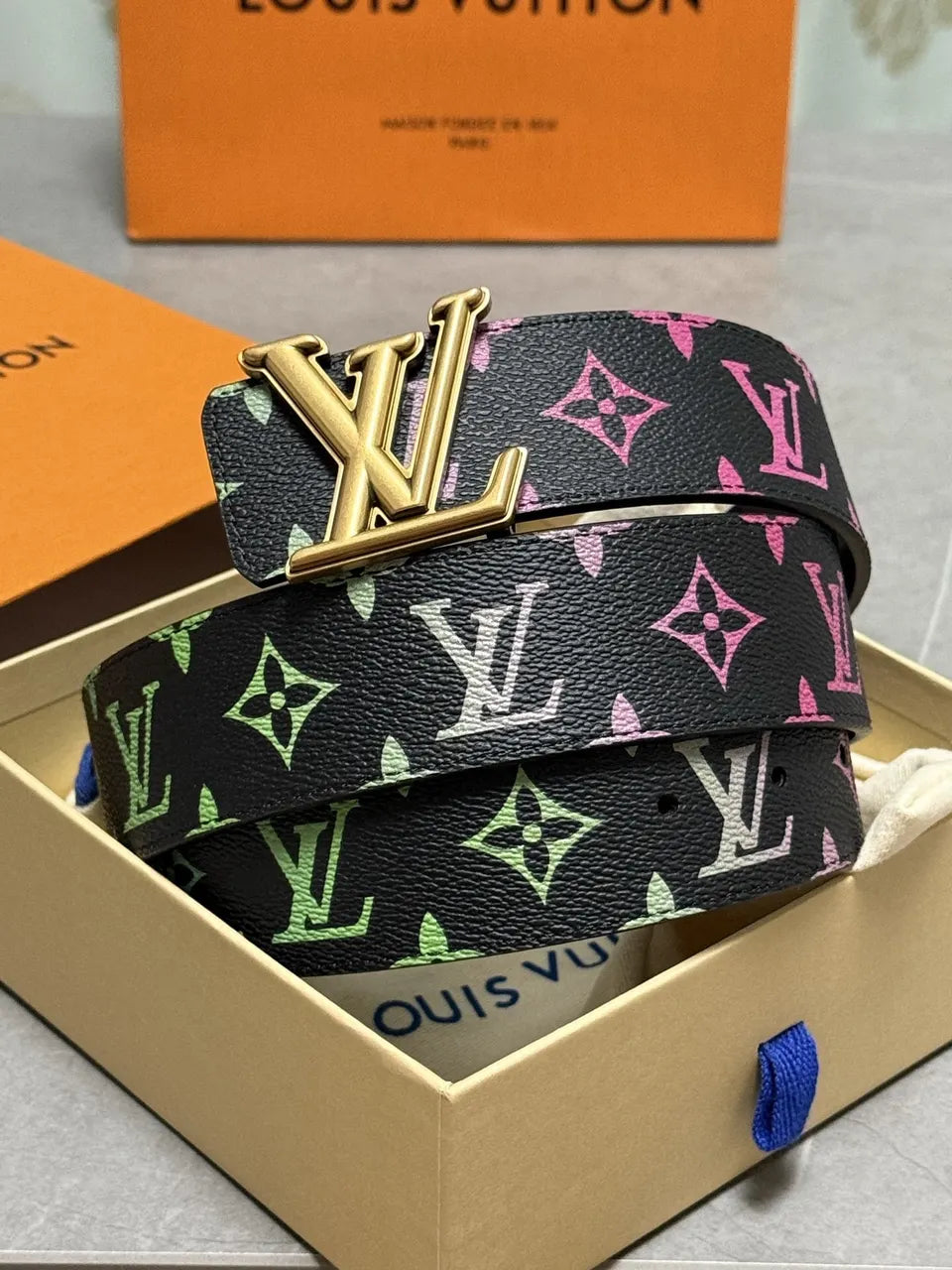 gold LV Multicolor Monogram Belt - Hình 6