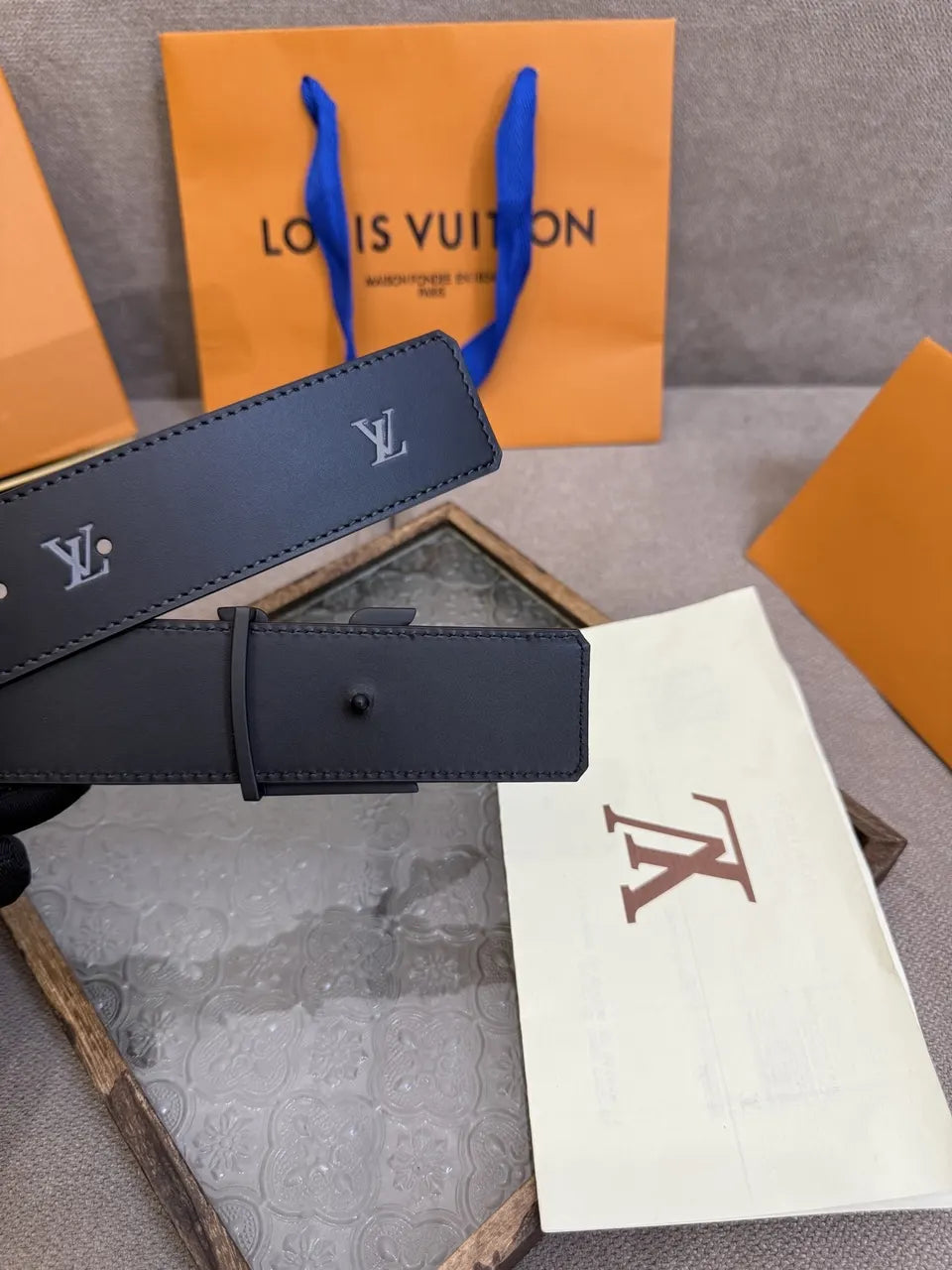 LV Black Leather Belt Matte - Hình 5