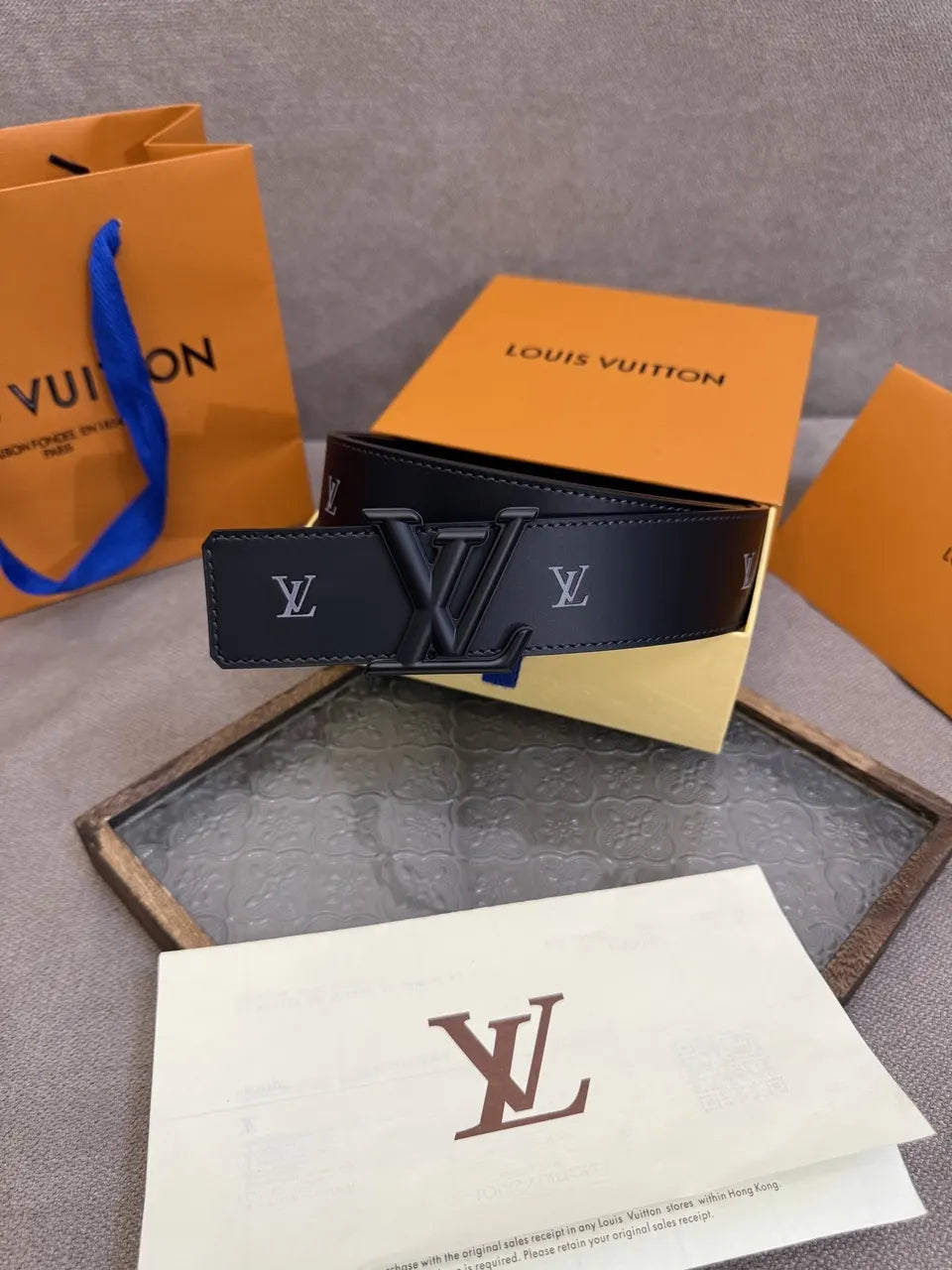 LV Black Leather Belt Matte - Hình 6