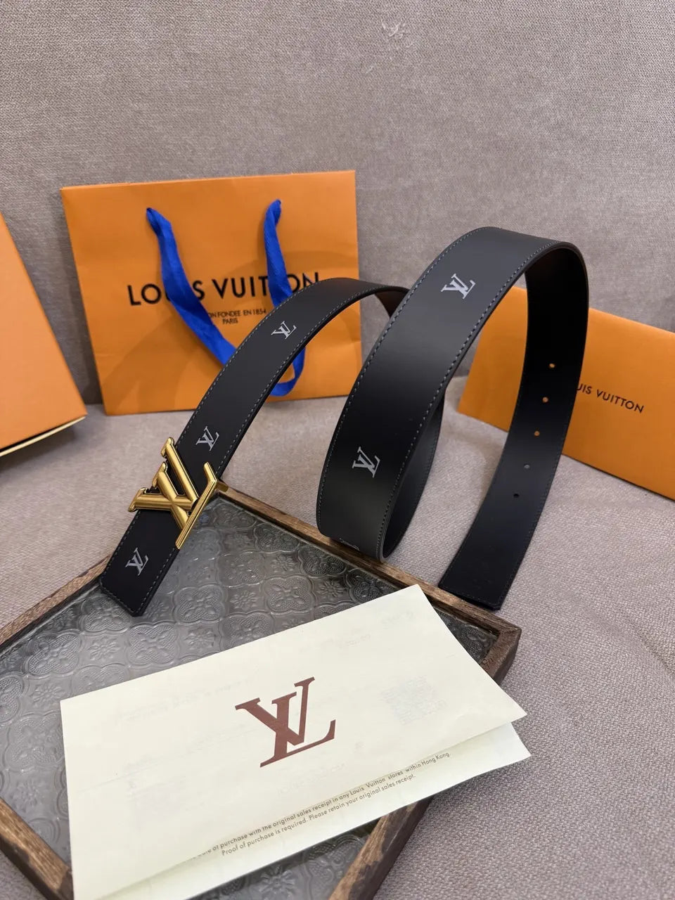 gold Louis Vuitton Black Monogram Leather Belt - Hình 2