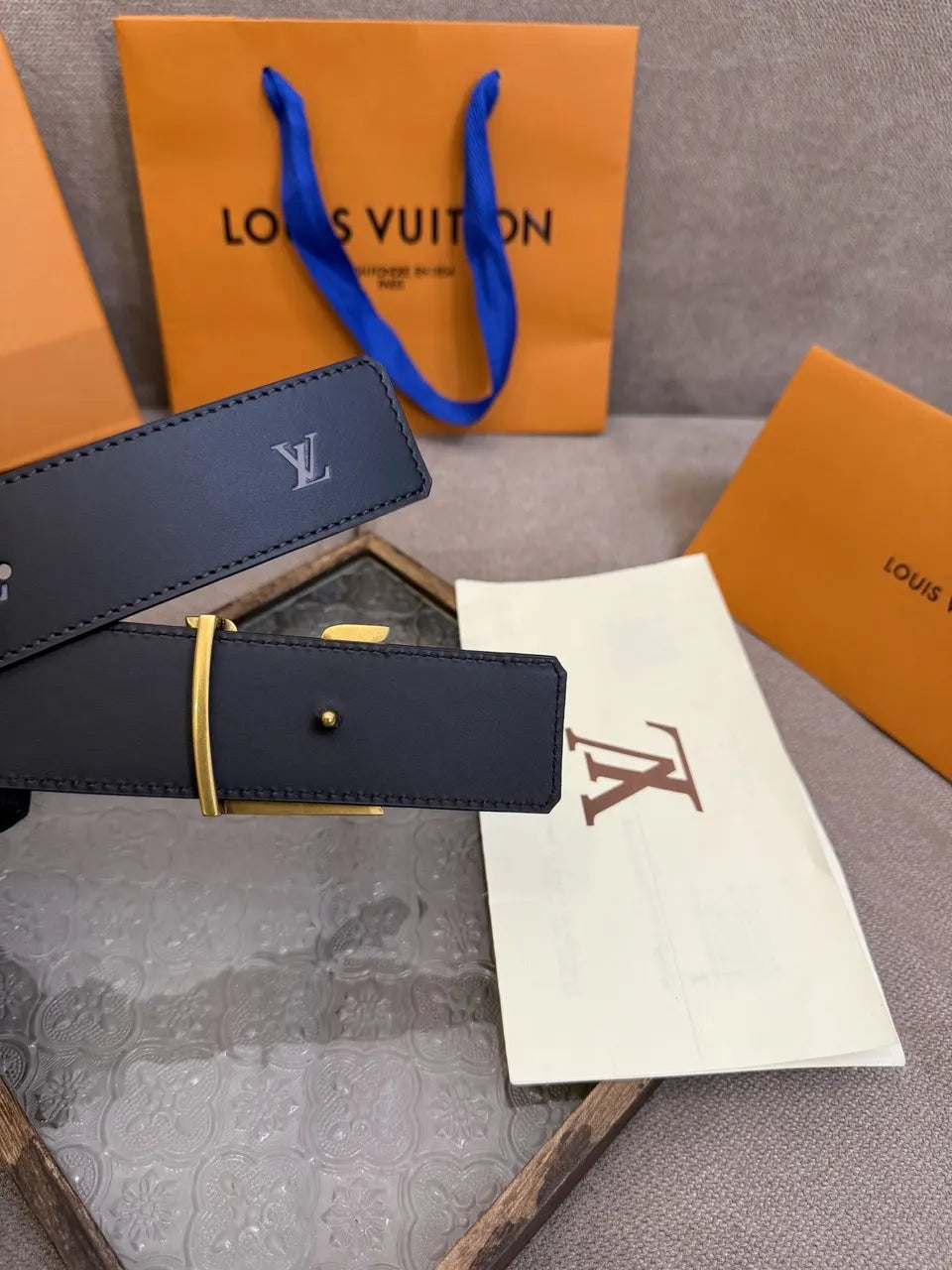 gold Louis Vuitton Black Monogram Leather Belt - Hình 5