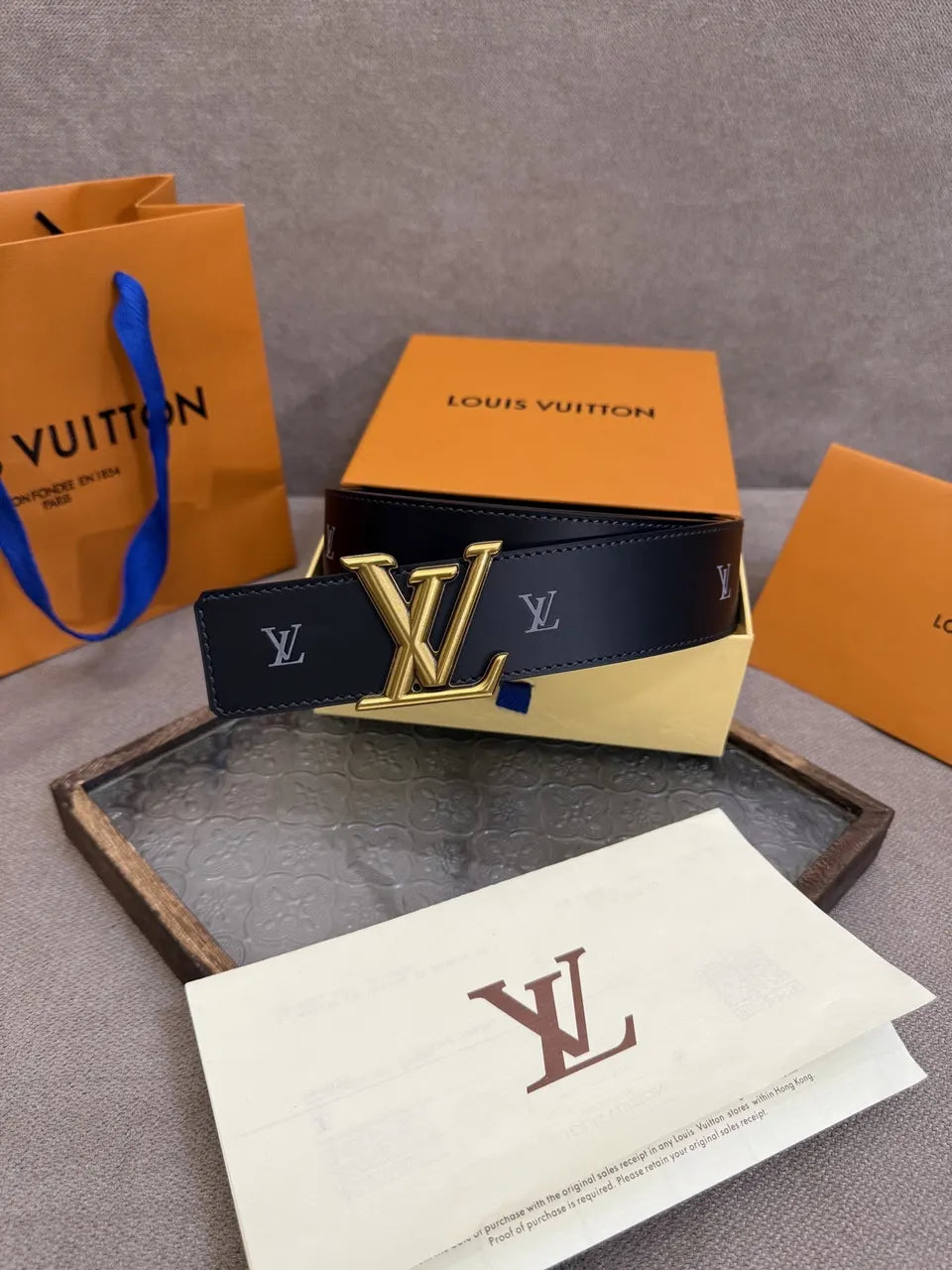 gold Louis Vuitton Black Monogram Leather Belt - Hình 6