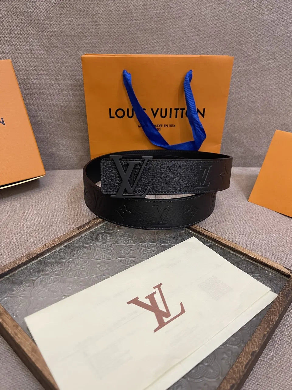 matte Louis Vuitton Embossed Black Leather Belt