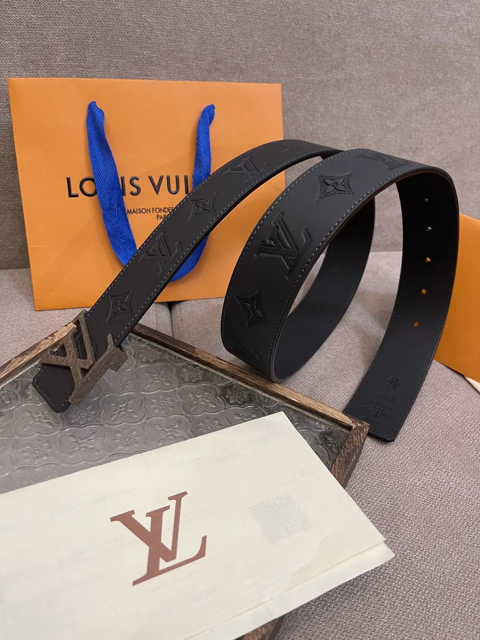 brown Louis Vuitton Embossed Black Leather Belt - Hình 2