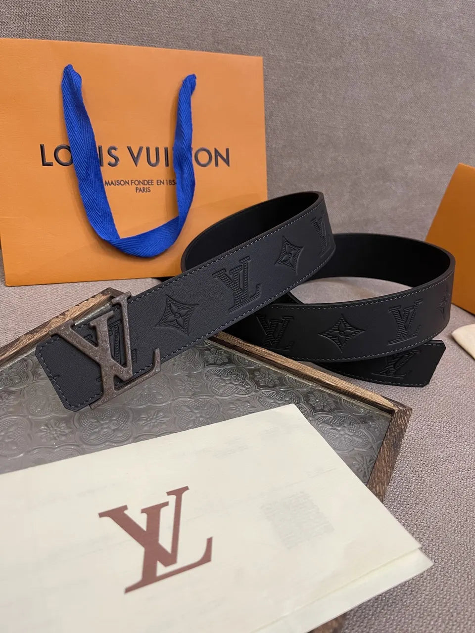 brown Louis Vuitton Embossed Black Leather Belt - Hình 3