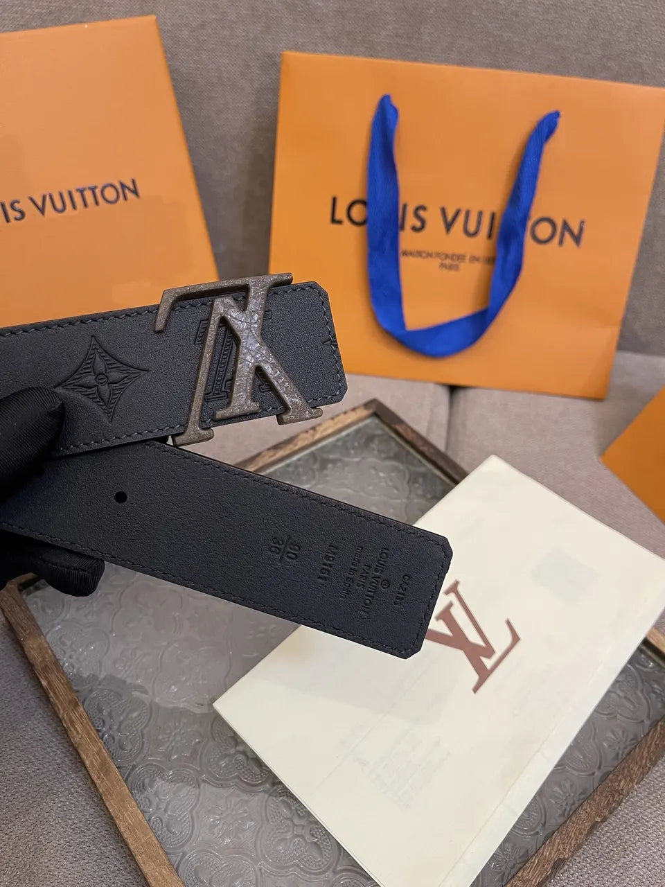 brown Louis Vuitton Embossed Black Leather Belt - Hình 4