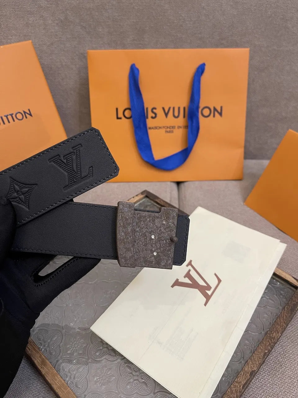 brown Louis Vuitton Embossed Black Leather Belt - Hình 5