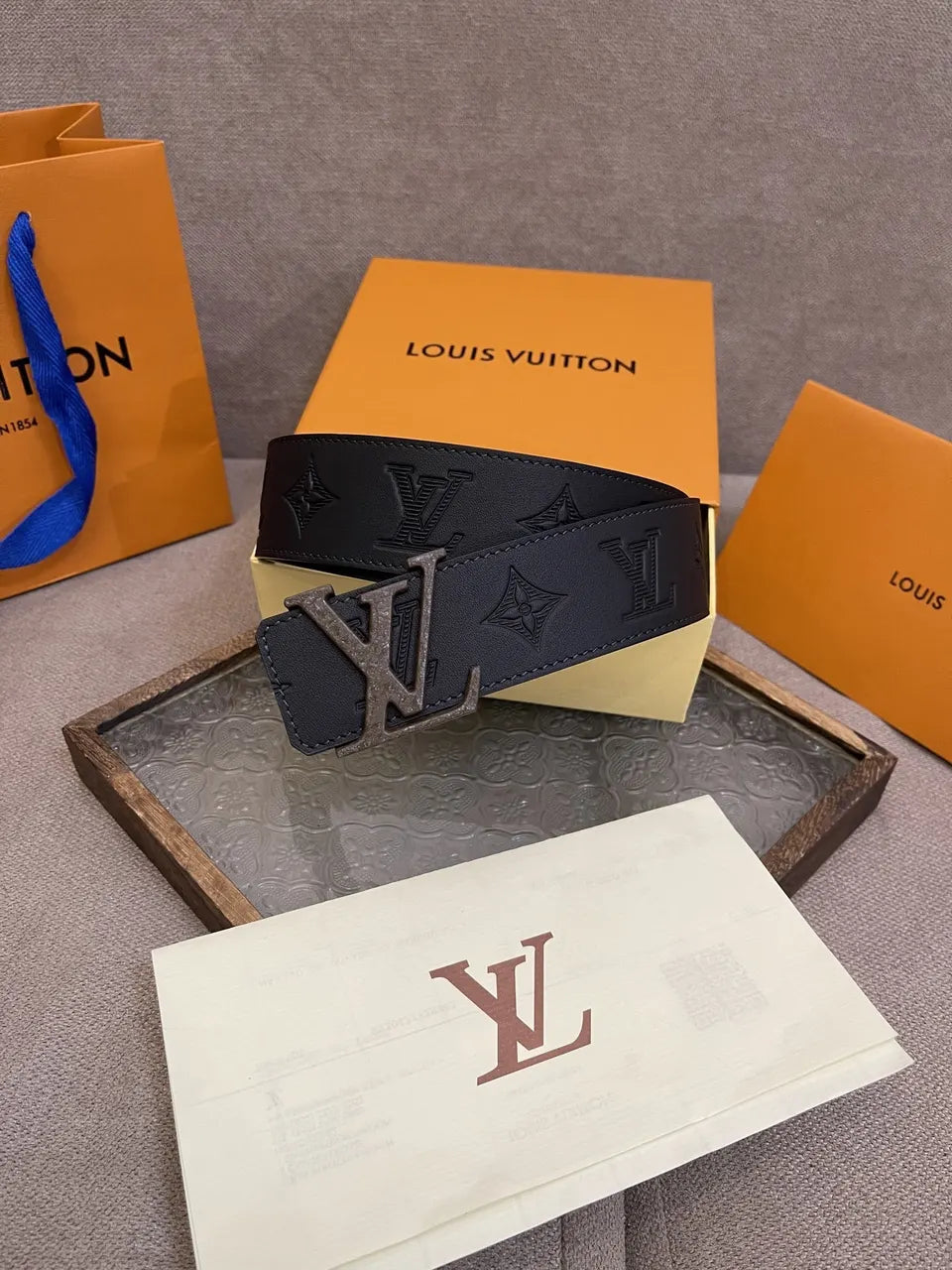 brown Louis Vuitton Embossed Black Leather Belt - Hình 6