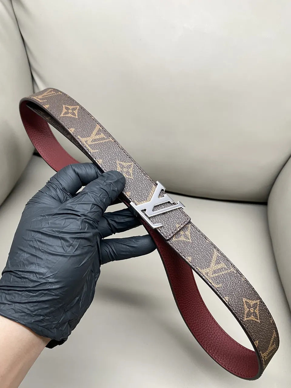 silver Louis Vuitton Monogram Brown Leather Belt - Hình 3