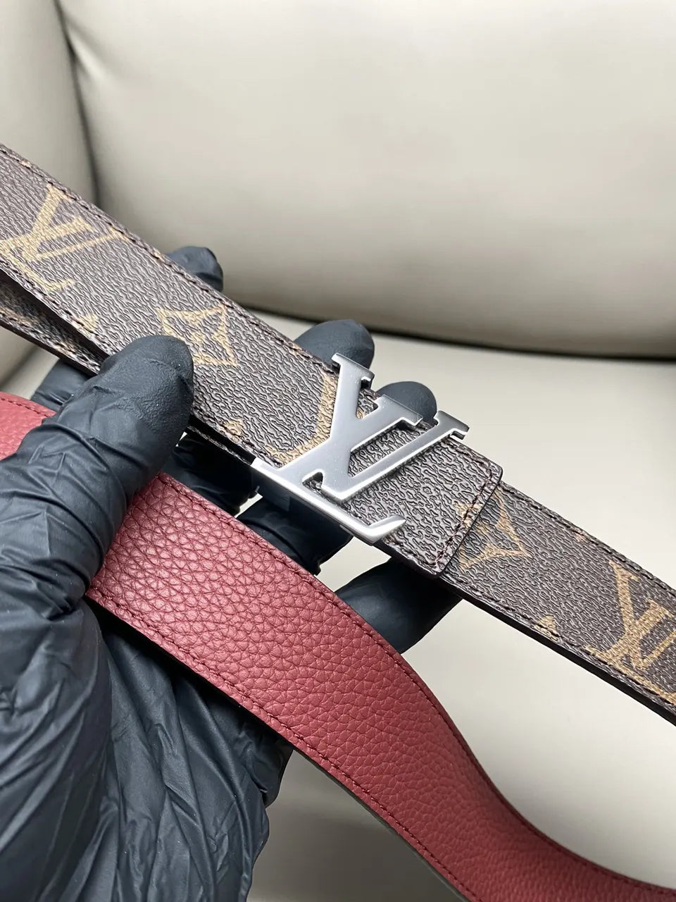 silver Louis Vuitton Monogram Brown Leather Belt - Hình 4
