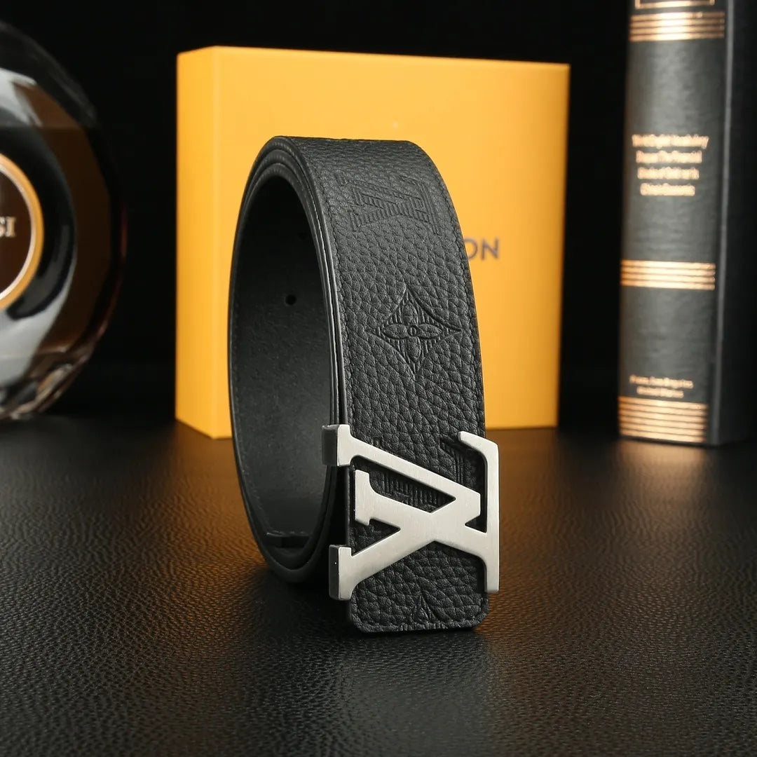 silver Louis Vuitton Embossed Black Belt - Hình 2